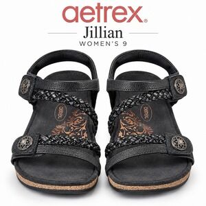 Aetrex Jillian Sandals Womens 9 Black Leather Braided Arch Support SC450W